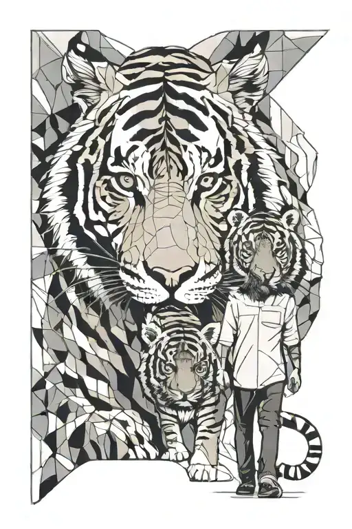 selluatte of father and son walking holding hands, tiger above with blue eyes tattoo design idea