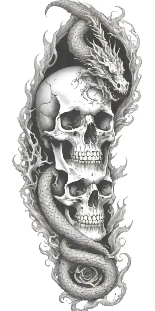 skull and dragon breathing fire tattoo design idea