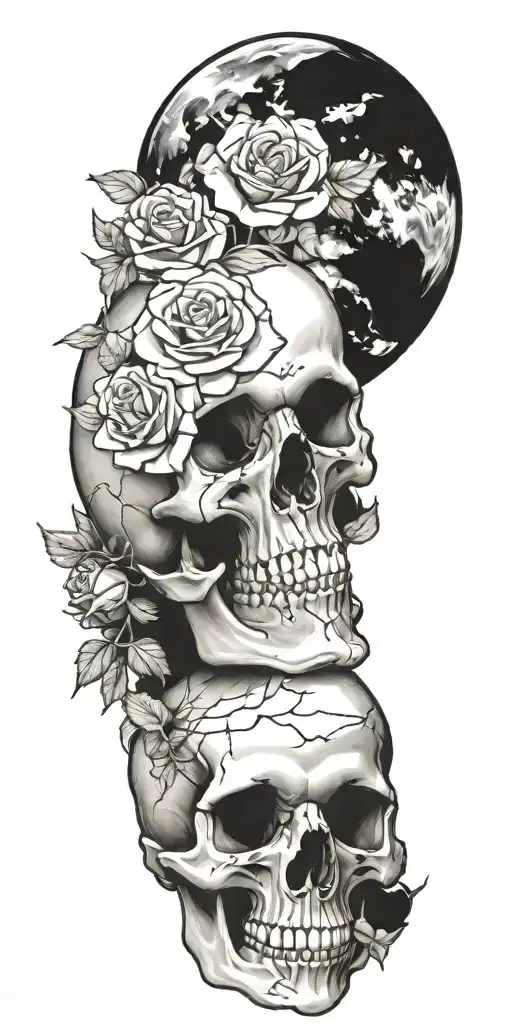 skulls and roses and clouds tattoo design idea