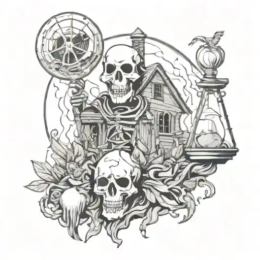 reaper, skull, thorn, hourglass, smoke, moon, haunted house, graveyard tattoo design idea