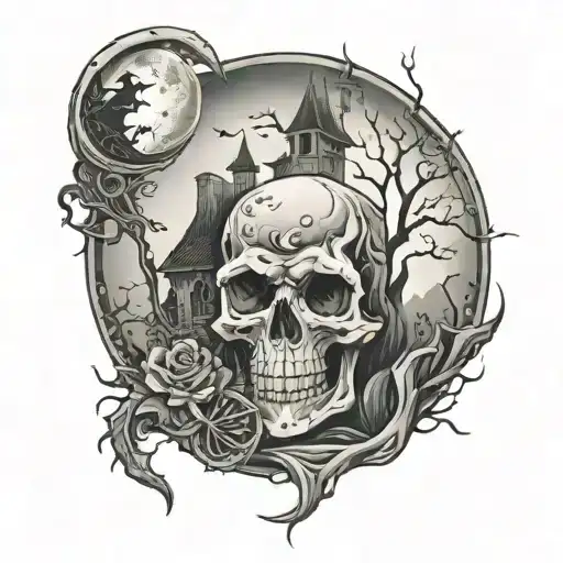 reaper, skull, thorn, hourglass, smoke, moon, haunted house, graveyard tattoo design idea