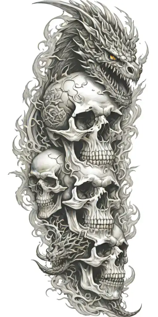 skulls and dragon breathing fire tattoo design idea