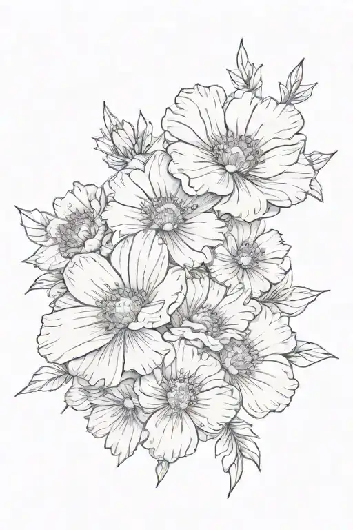 violet flower, daisy flower, carnation flower intertwined tattoo design idea