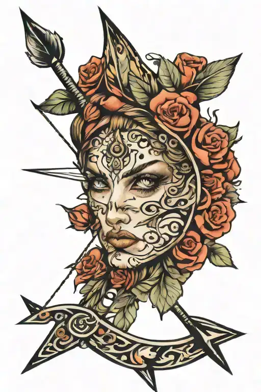 bow and arrow piercing eyes surrounded tattoo design idea