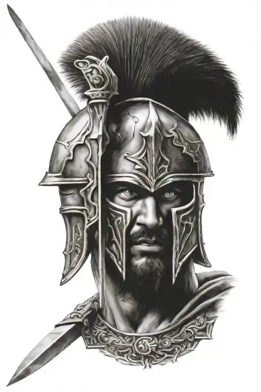 spartan warrior wielding his sword piercing eyes tattoo design idea