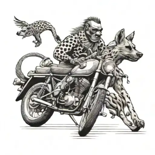 hyena and ankole-watusi and monkey caesar and motorcycle ın the runway tattoo design idea