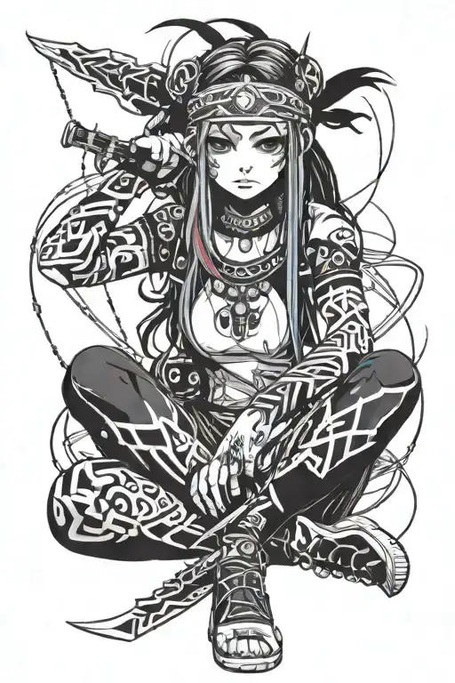 detailed cute anime girl, full black eyes, sitting alone with weapon tattoo design idea