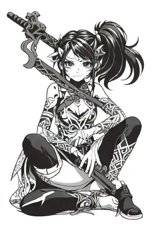 detailed cute anime girl, without eyes sitting alone with weapon tattoo design idea