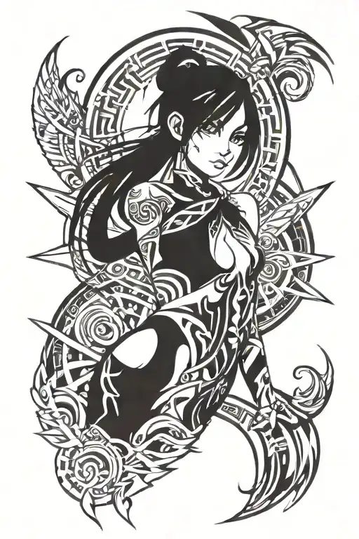 detailed anime girl with black eyes  tattoo design idea