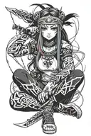 detailed cute anime girl, full black eyes, sitting alone with weapon tattoo design idea