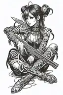 detailed cute anime girl, full black eyes, sitting alone with weapon tattoo design idea