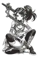 detailed cute anime girl, without eyes sitting alone with weapon tattoo design idea