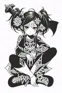 detailed cute anime girl, without eyes sitting alone with weapon tattoo design idea