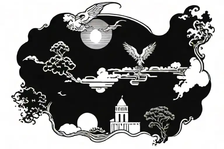 sky with rays with a greek god and an eagle in a landscape tattoo design idea