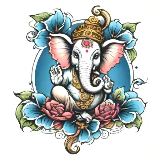 Ganesha representing freedom, family,love and god for a sleeve arm tattoo in colors and blues with flowers  tattoo design idea