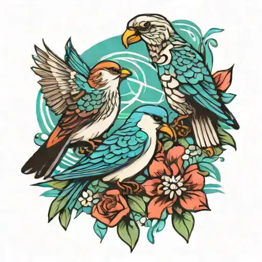 Birds representing freedom, family,love and god for a sleeve arm tattoo in aqua colors tattoo design idea