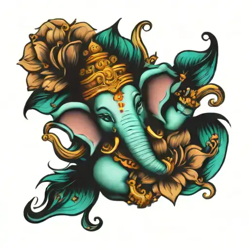 Ganesha representing freedom, family,love and god for a sleeve arm tattoo in aqua colors with flowers  tattoo design idea