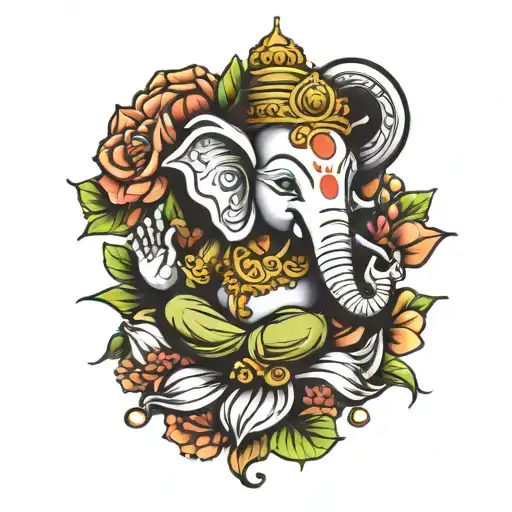 Ganesha representing freedom, family,love and god for a sleeve arm tattoo in colors with flowers  tattoo design idea