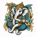 Ganesha representing freedom, family,love and god for a sleeve arm tattoo in colors and blues with flowers  tattoo design idea