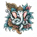 Ganesha representing freedom, family,love and god for a sleeve arm tattoo in colors and blues with flowers  tattoo design idea