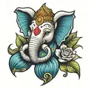 Ganesha representing freedom, family,love and god for a sleeve arm tattoo in colors and blues with flowers  tattoo design idea
