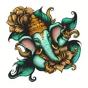 Ganesha representing freedom, family,love and god for a sleeve arm tattoo in aqua colors with flowers  tattoo design idea