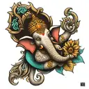 Ganesha representing freedom, family,love and god for a sleeve arm tattoo in aqua colors with flowers  tattoo design idea