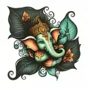 Ganesha representing freedom, family,love and god for a sleeve arm tattoo in aqua colors with flowers  tattoo design idea