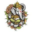 Ganesha representing freedom, family,love and god for a sleeve arm tattoo in colors with flowers  tattoo design idea