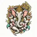 Ganesha representing freedom, family,love and god for a sleeve arm tattoo in colors with flowers  tattoo design idea