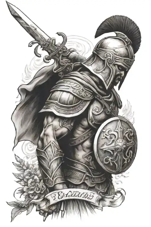 croos with bible scripture, spartan warrior,  greek  tattoo design idea