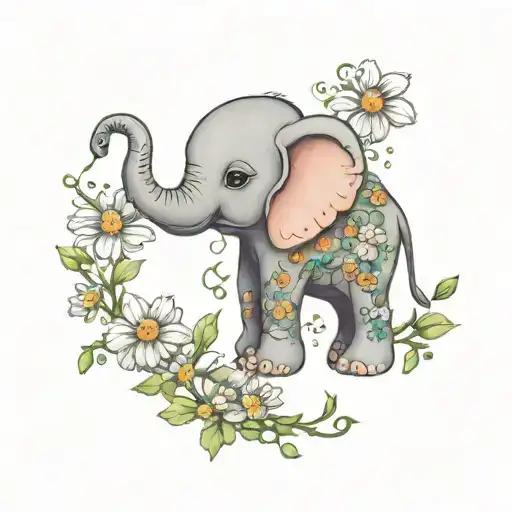 baby elephant and daisies vines and sweet pea tattoo design idea