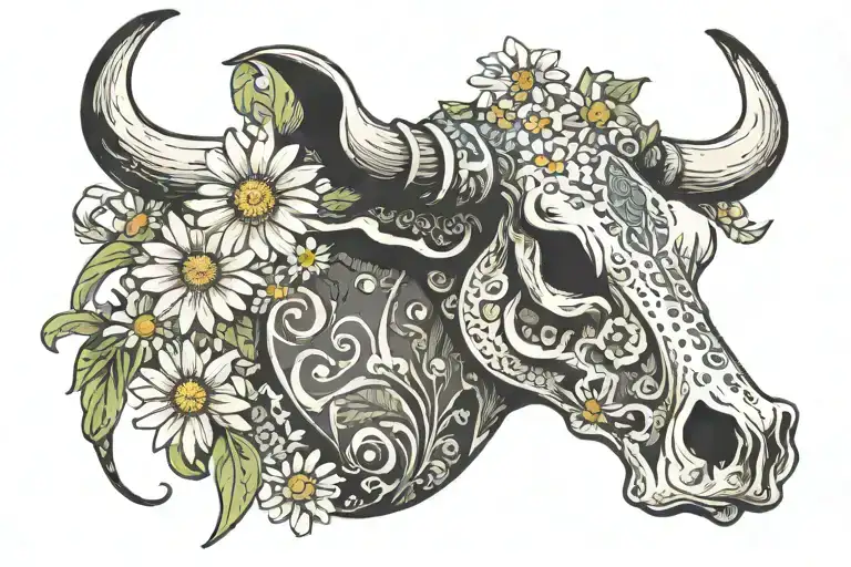 cow skull with daisies and paisley pattern intertwined tattoo design idea
