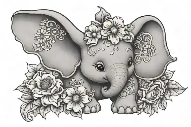cute disney dumbo with daisies and sweet peas with paisley pattern tattoo design idea