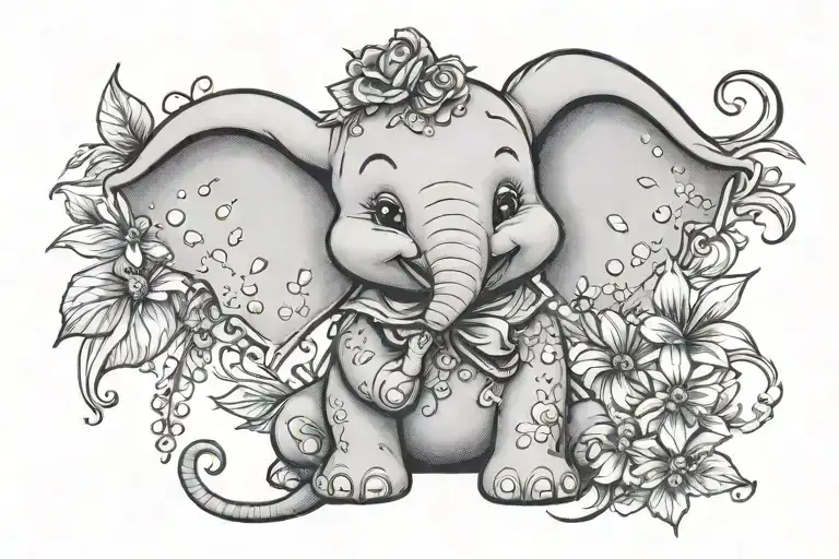 cute disney dumbo with daisies and sweet peas with paisley pattern incorporating elements tattoo design idea