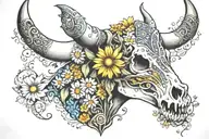 cow skull with daisies and paisley pattern intertwined tattoo design idea