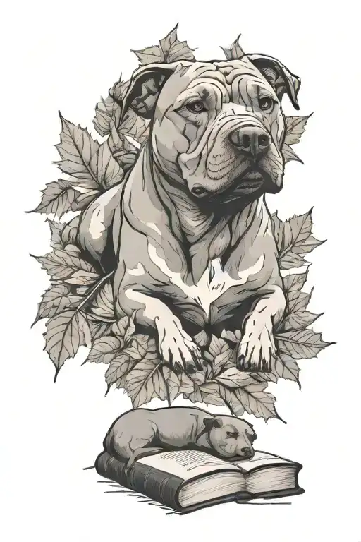 A minimalist tattoo of a pitbull lying in a pile of fall leaves with a book beside it tattoo design idea