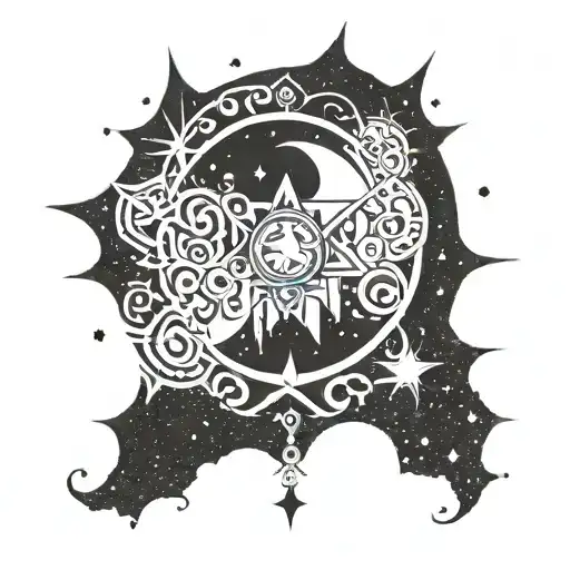 Sanskrit mantra written in a stylized font with a celestial background of stars and moons tattoo design idea