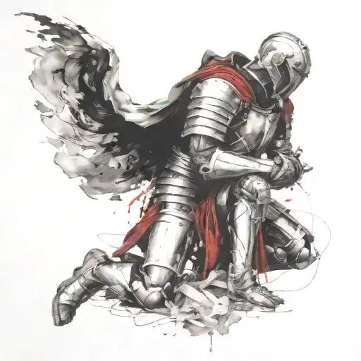 Kneeling man with Armor of God surrounded by dark ominous clouds  tattoo design idea