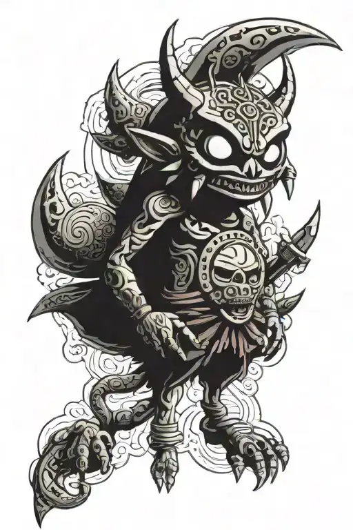 Majoras mask demonic with a moon rising tattoo design idea