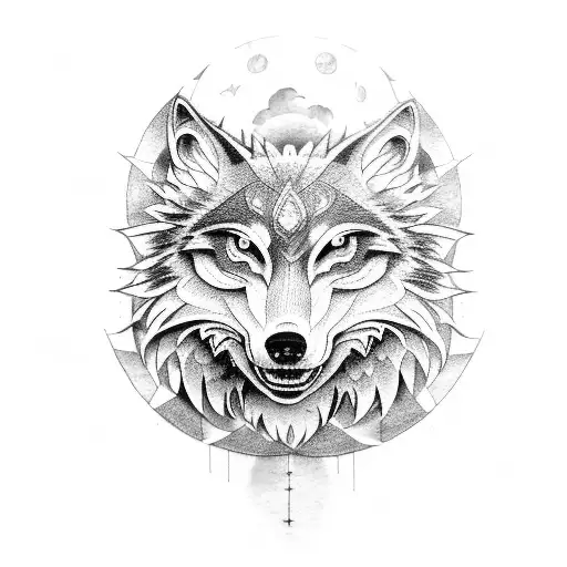 A mechanical wolf howling at the moon tattoo design idea