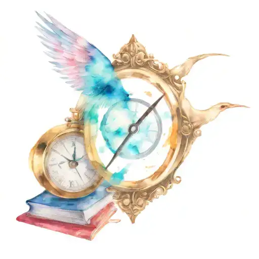 A time turner with Harry Potter inspired elements like a lightning bolt and glasses and a phoenix and a magical book tattoo design idea
