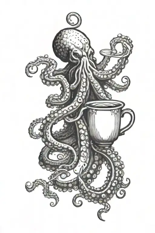blackwork tattoo of a gothic octopus with tentacles outstretched holding a cup of wine tattoo design idea