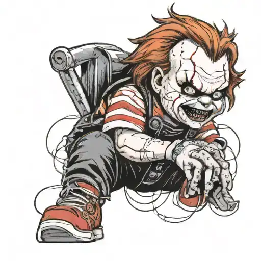 A creepy Alabama-themed tattoo featuring Chucky from horror movies, incorporating trap elements tattoo design idea