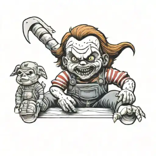 A creepy Alabama-themed tattoo featuring Chucky from horror movies, incorporating trap elements tattoo design idea