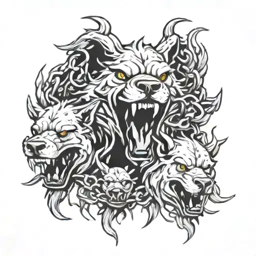 Cerberus with 3 heads and chains for the stomach  tattoo design idea