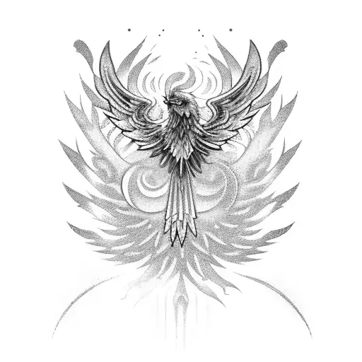 A phoenix made of interconnected telecom symbols and icons, symbolizing rebirth and connectivity tattoo design idea