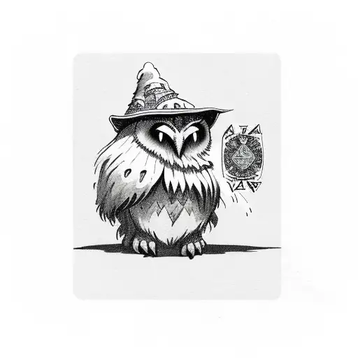 owlbear with wizard hat springing playing cards between its paws tattoo design idea