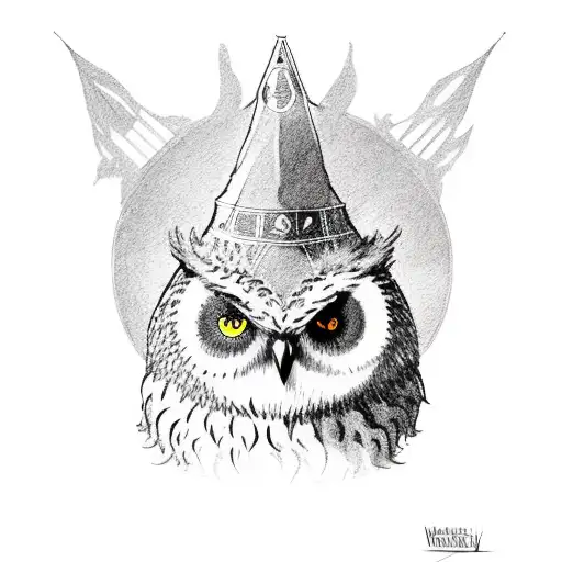 owlbear with wizard hat holding a fan of playing cards tattoo design idea