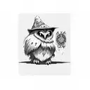 owlbear with wizard hat springing playing cards between its paws tattoo design idea